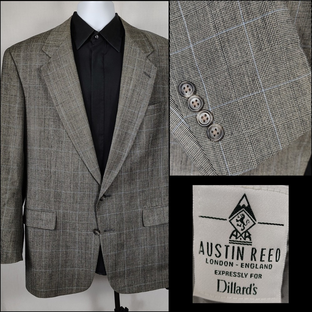 Austin Reed Gray Windowpane Plaid Sport Coat  Blazer‎ 44R Worsted Wool Neutral